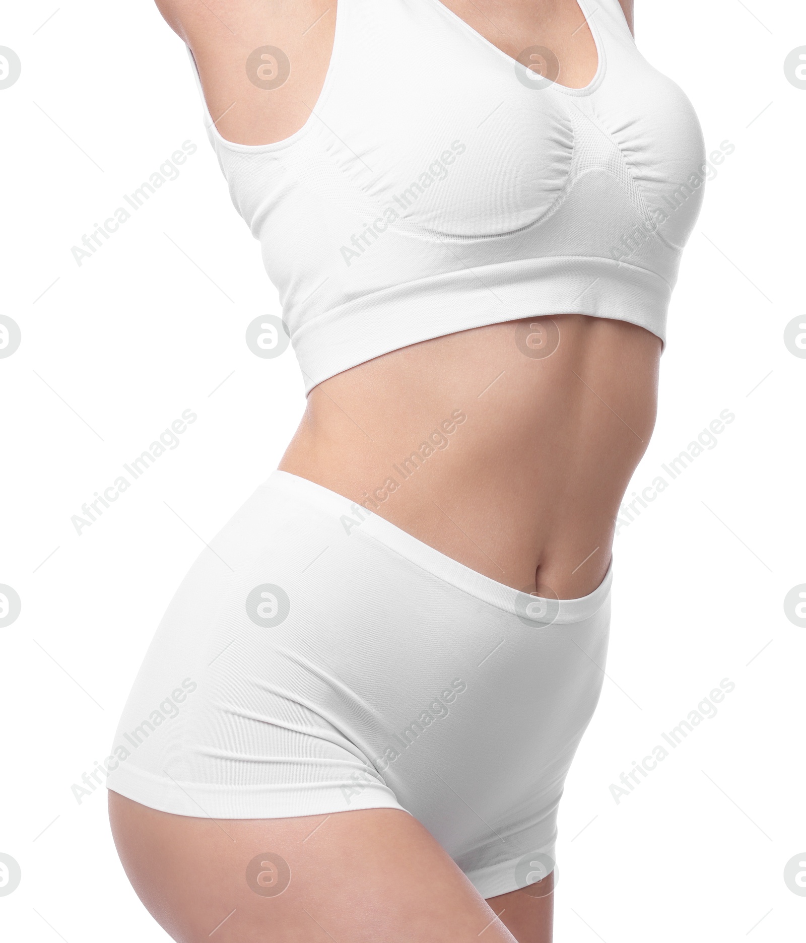 Photo of Diet and weight loss concept. Woman with slim body against white background, closeup