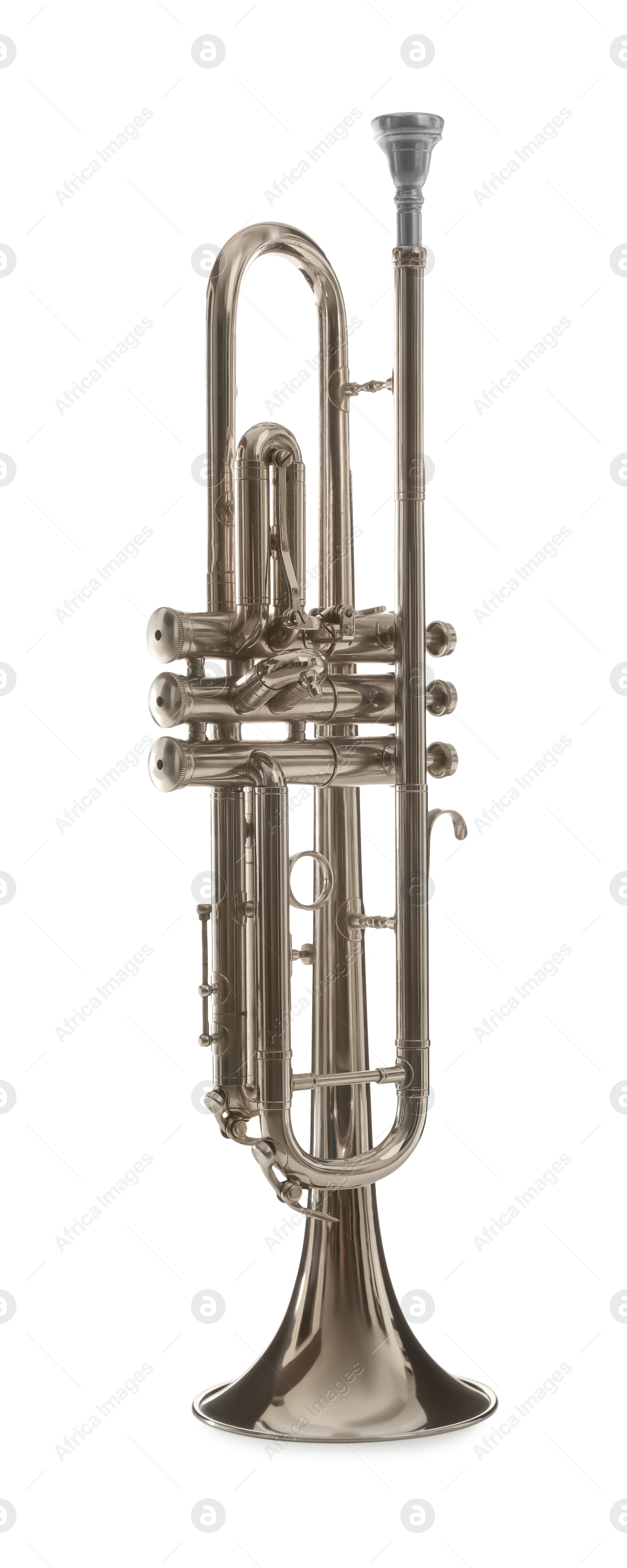 Photo of Shiny trumpet isolated on white. Wind musical instrument