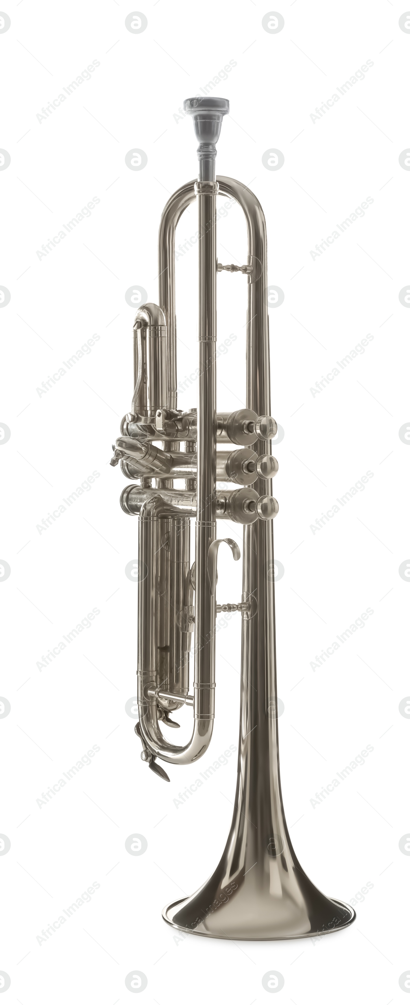 Photo of Shiny trumpet isolated on white. Wind musical instrument