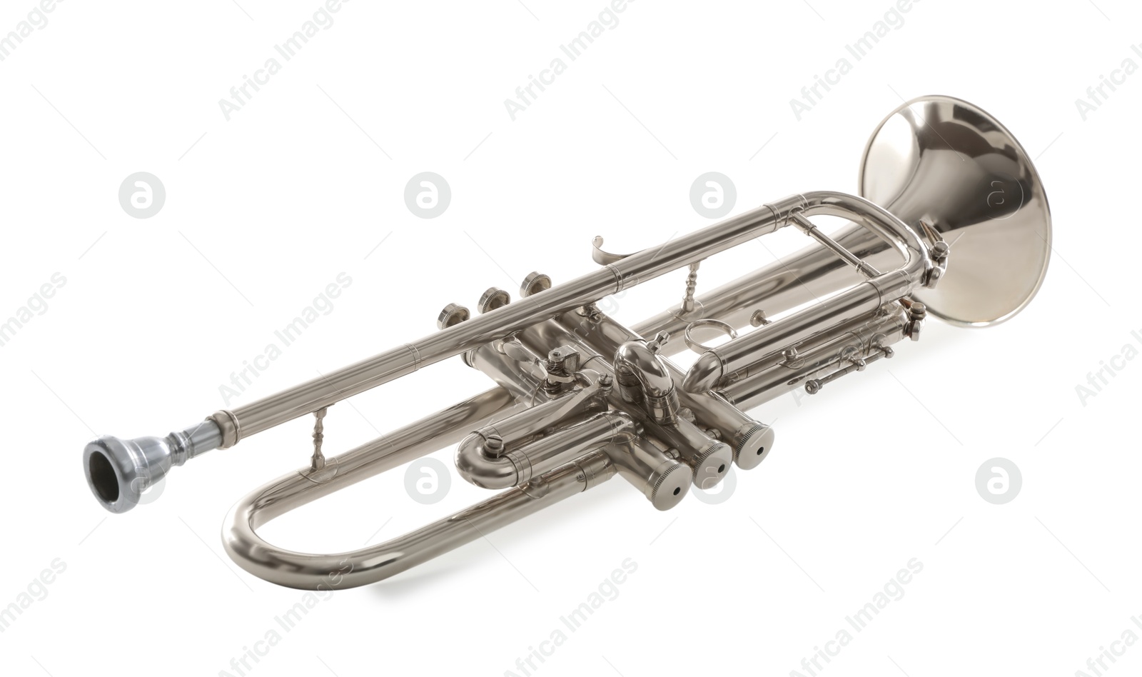 Photo of Shiny trumpet isolated on white. Wind musical instrument