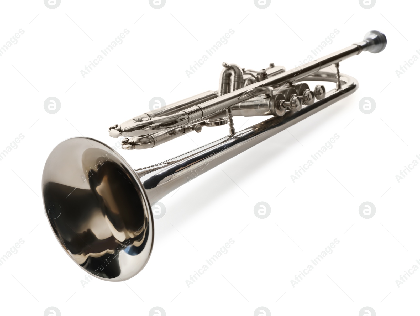 Photo of Shiny trumpet isolated on white. Wind musical instrument