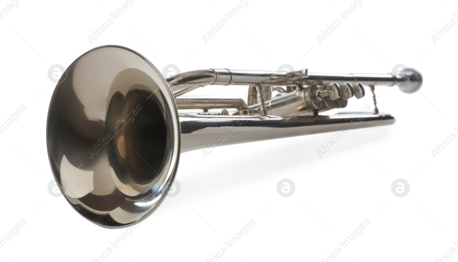 Photo of Shiny trumpet isolated on white. Wind musical instrument