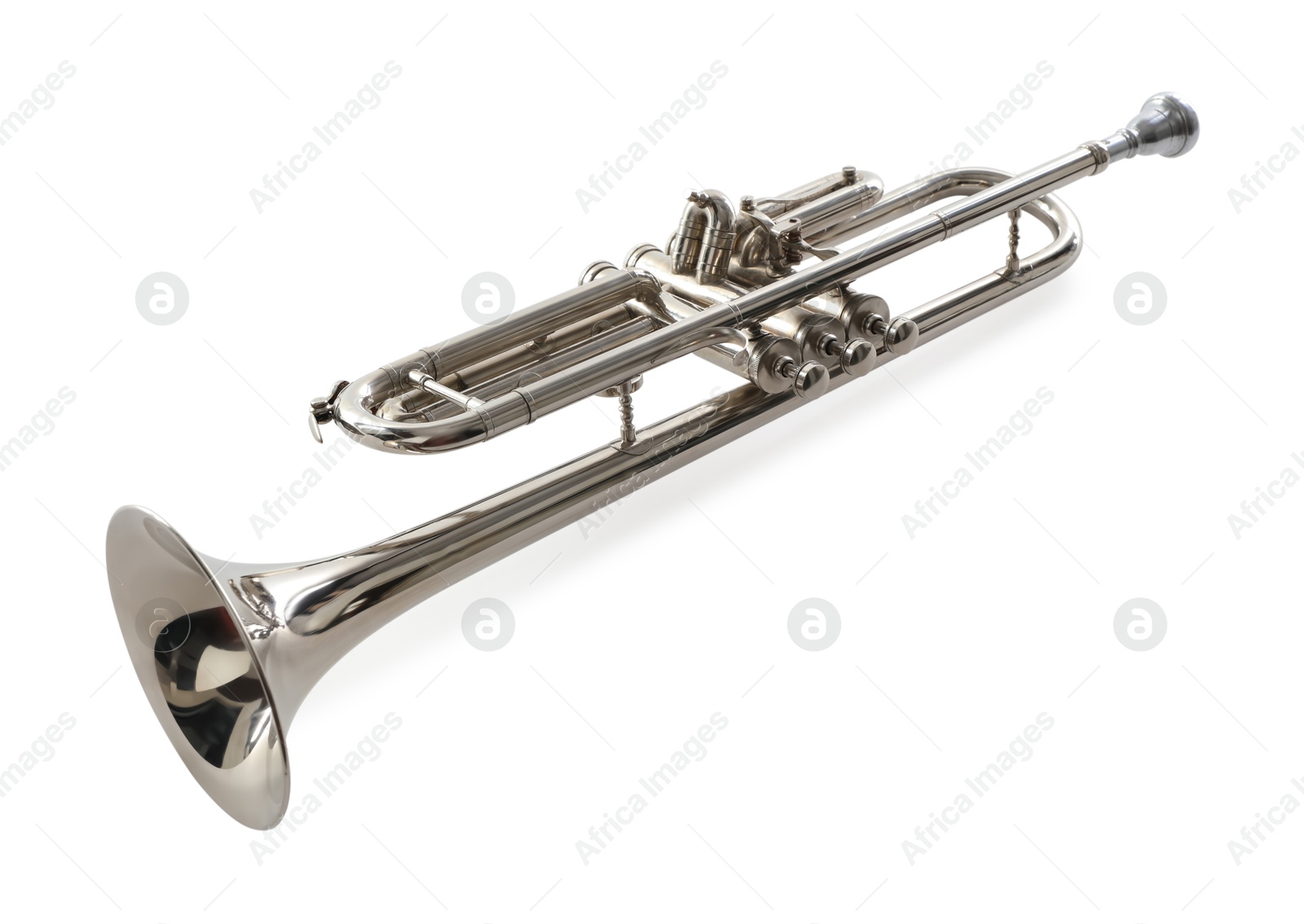 Photo of Shiny trumpet isolated on white. Wind musical instrument