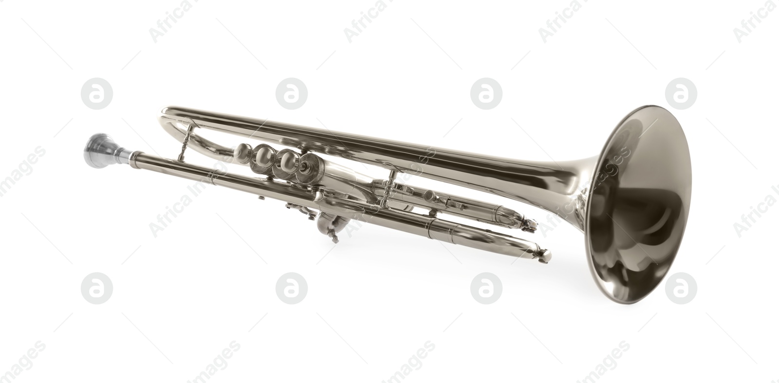 Photo of Shiny trumpet isolated on white. Wind musical instrument