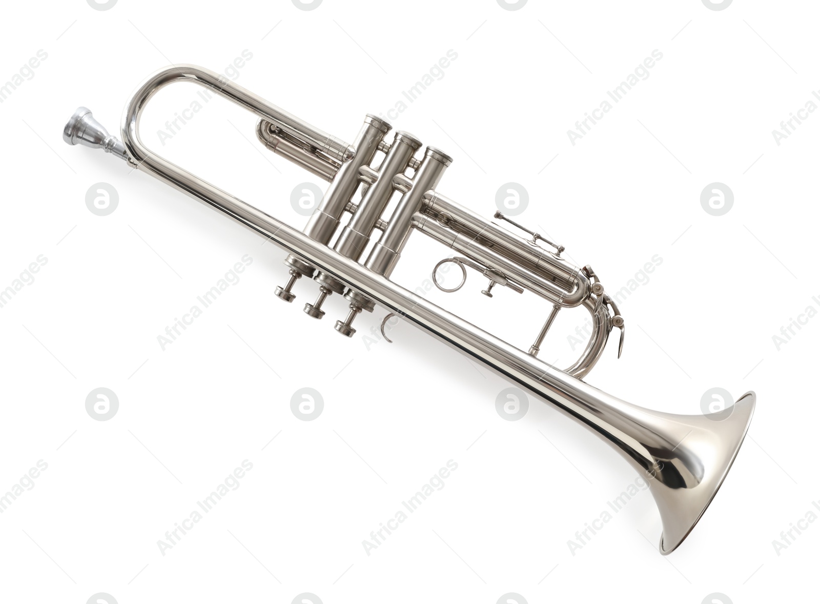 Photo of Shiny trumpet isolated on white, top view. Wind musical instrument