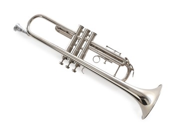 Shiny trumpet isolated on white, top view. Wind musical instrument