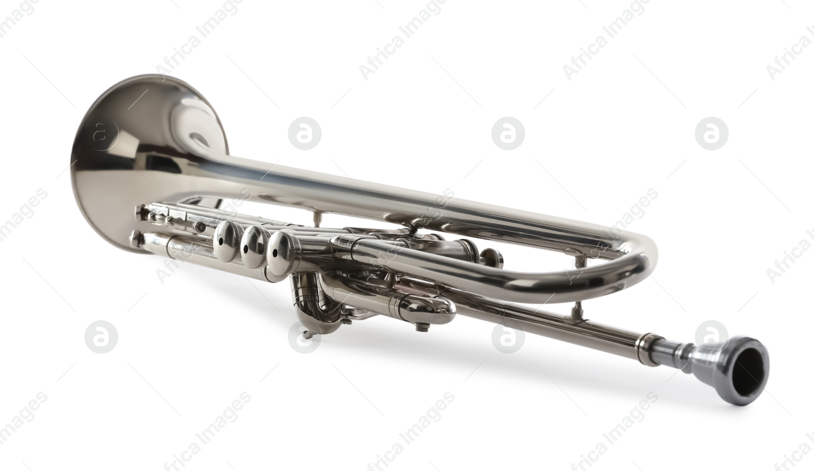 Photo of Shiny trumpet isolated on white. Wind musical instrument