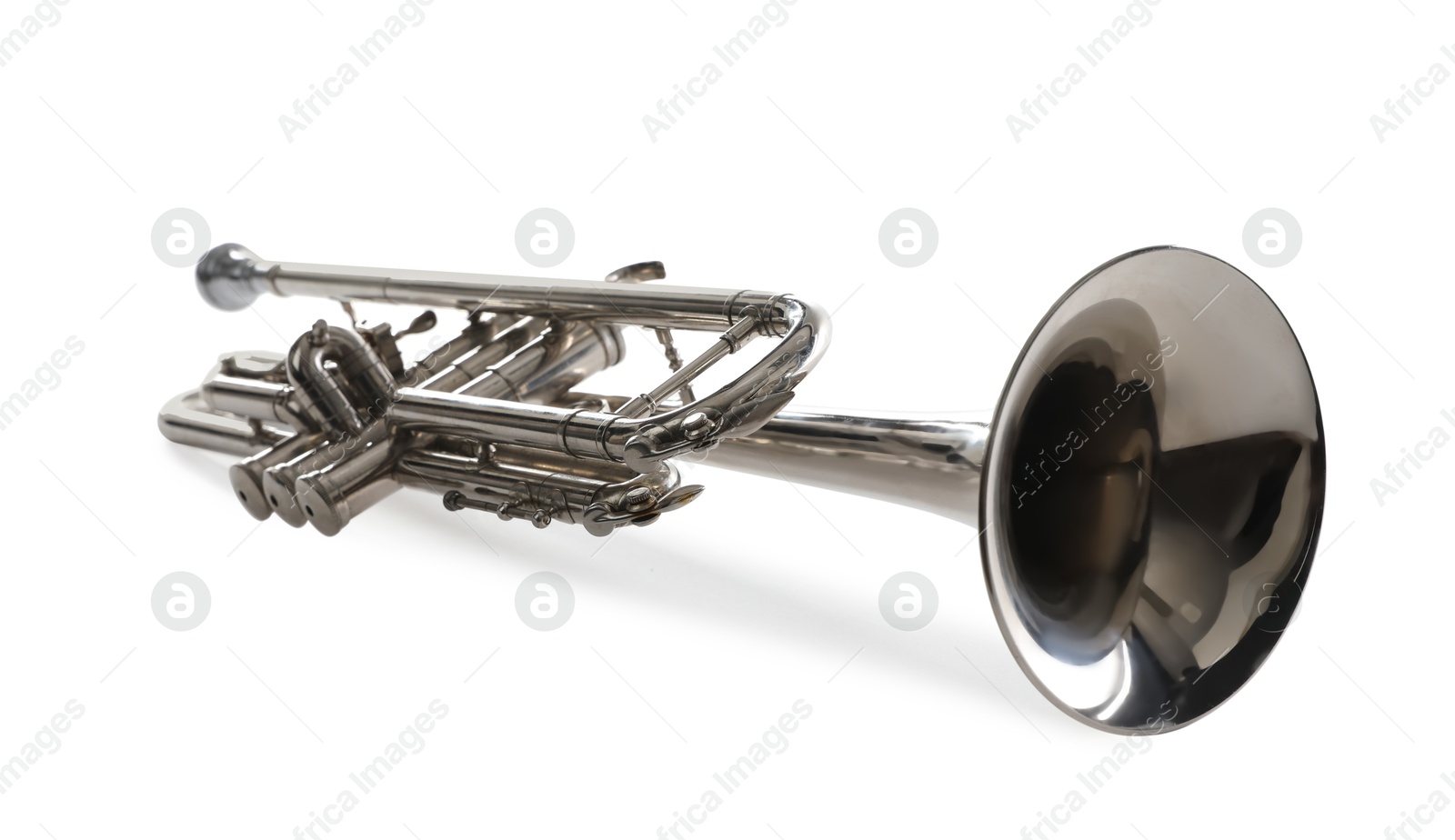 Photo of Shiny trumpet isolated on white. Wind musical instrument