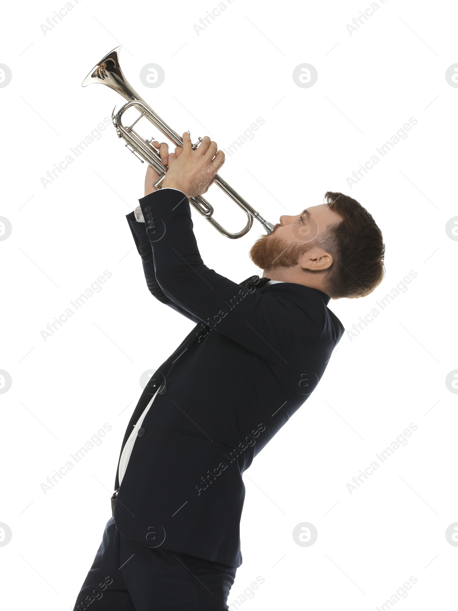 Photo of Handsome musician playing trumpet on white background