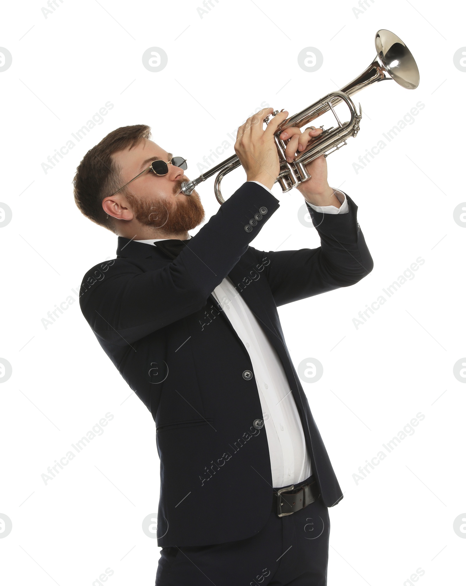 Photo of Handsome musician playing trumpet on white background