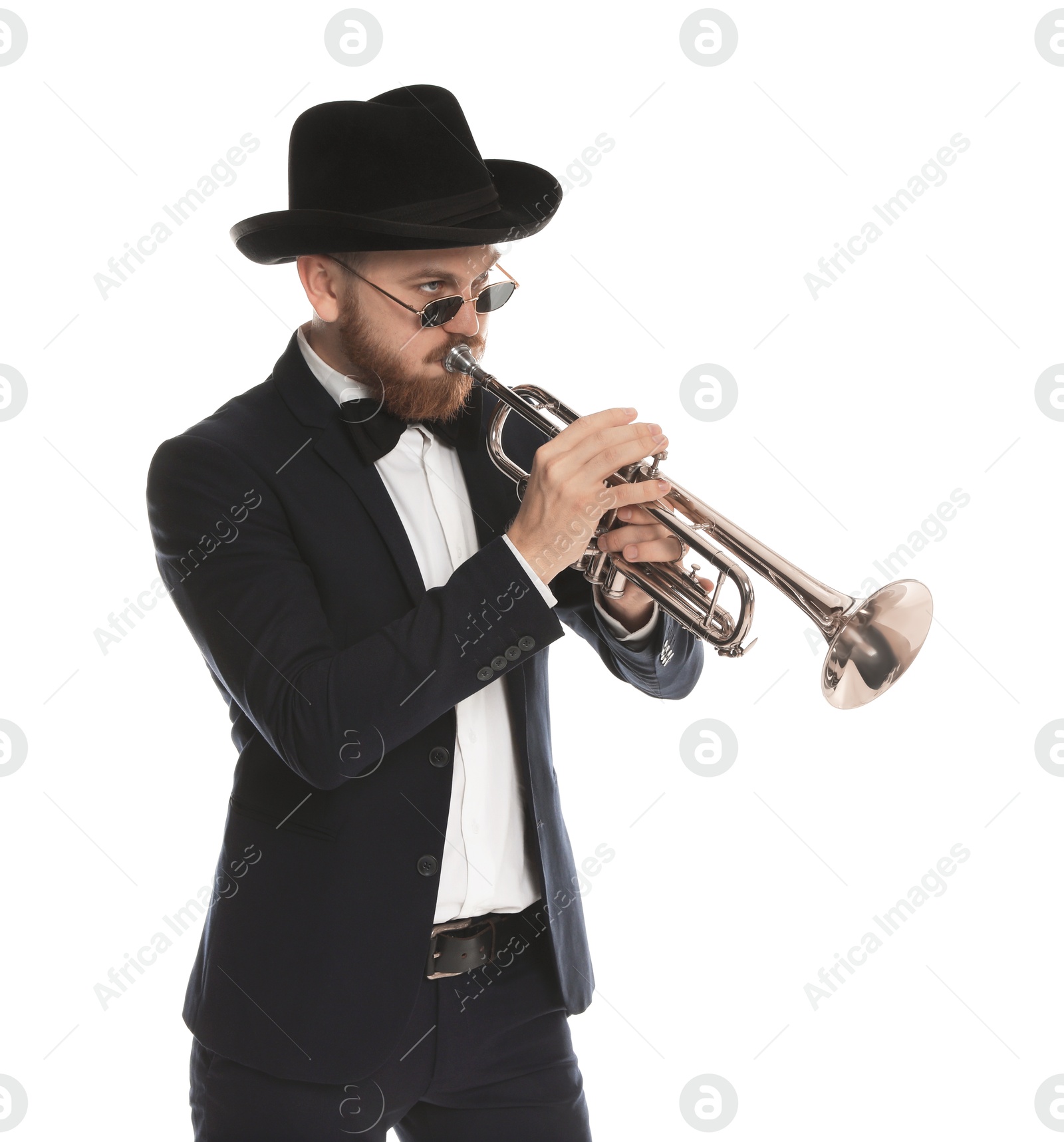 Photo of Handsome musician playing trumpet on white background