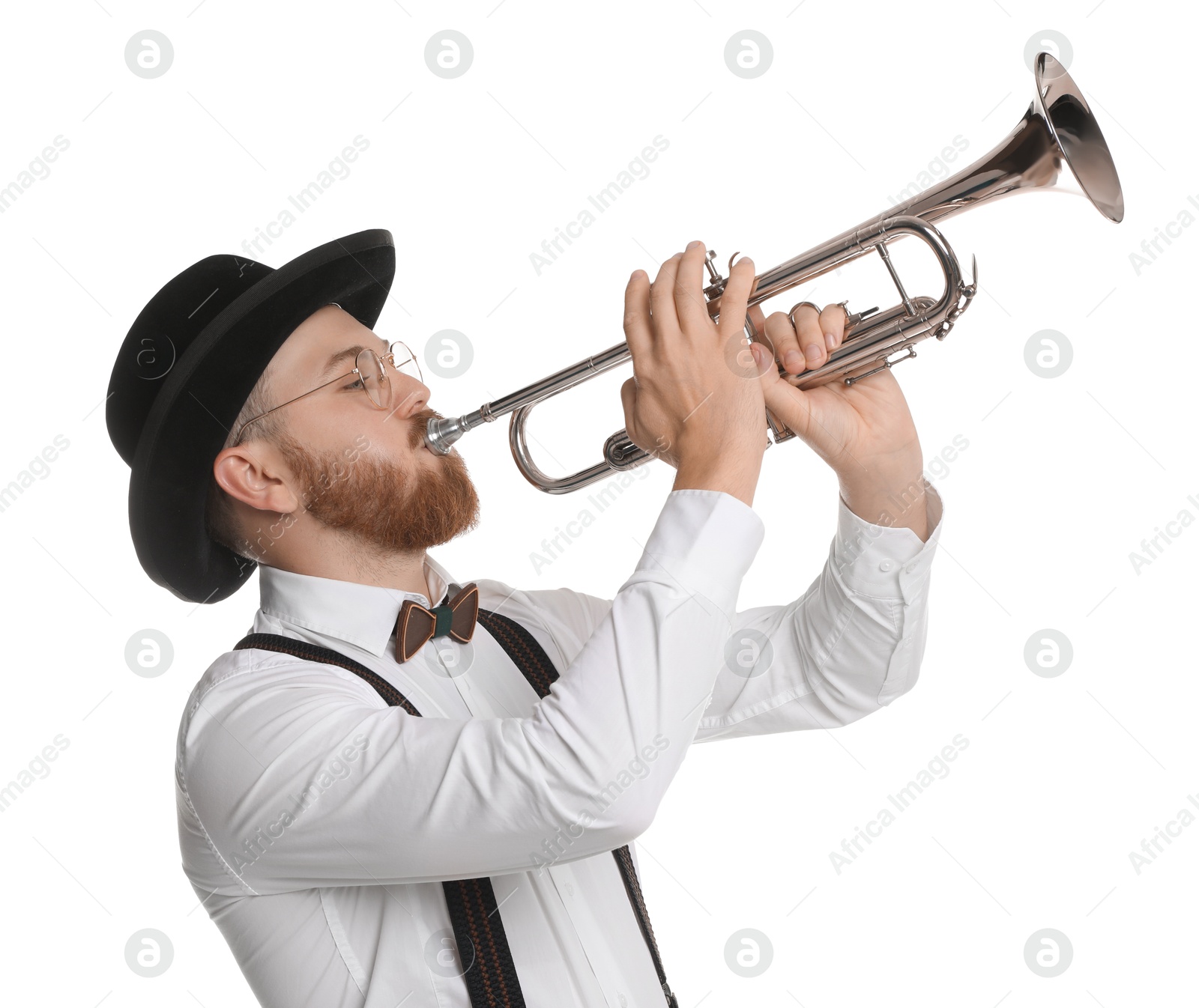 Photo of Handsome musician playing trumpet on white background