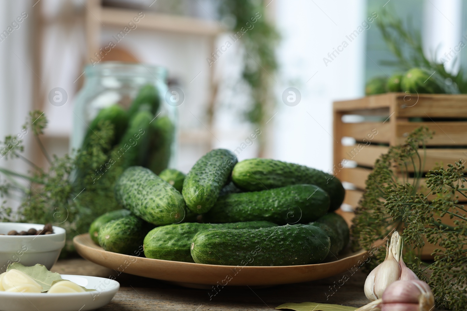 Photo of Fresh cucumbers, dill and spices on wooden table, closeup. Preparation for pickling