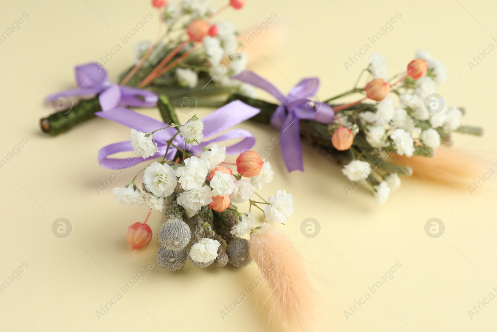 Photo of Many stylish boutonnieres on beige background, closeup