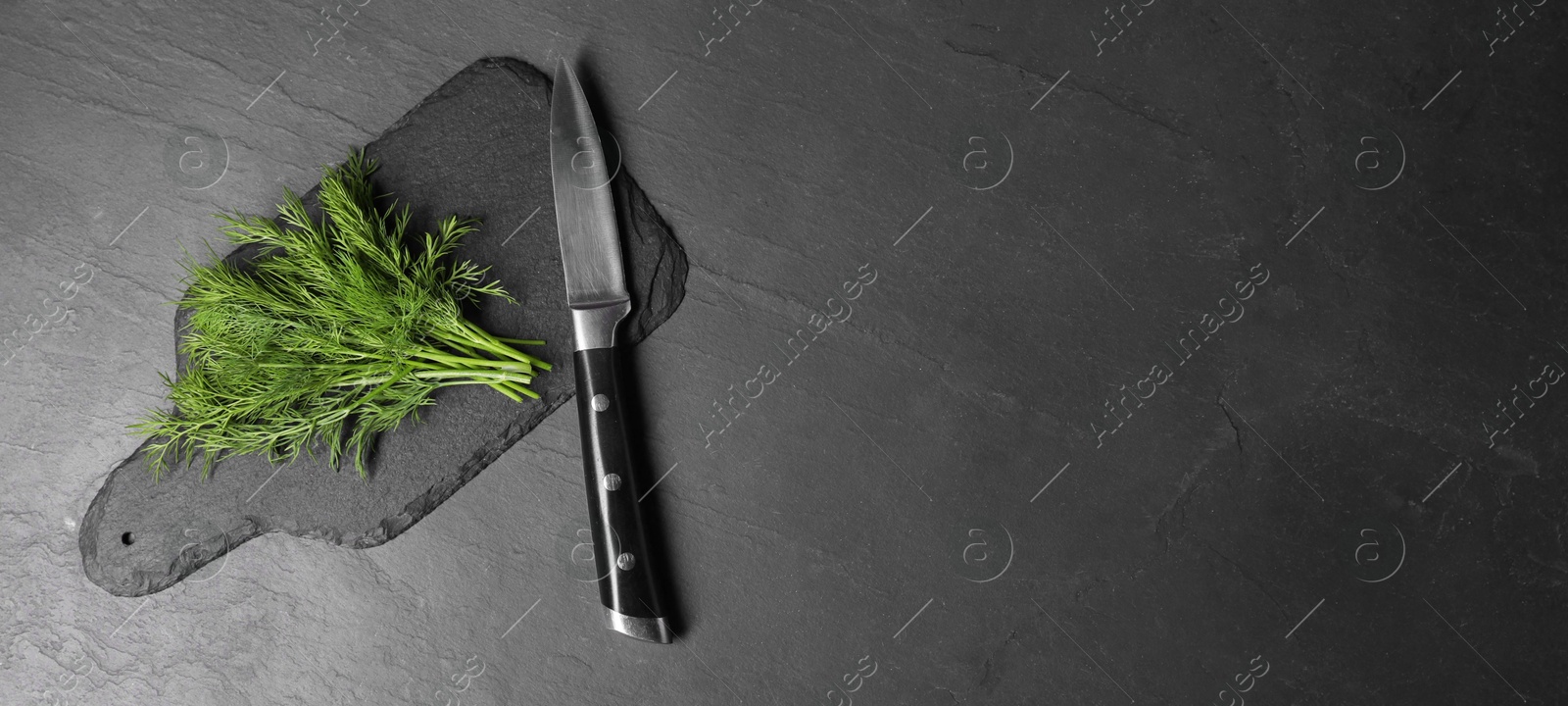 Photo of Sprigs of fresh green dill and knife on black table, top view. Space for text