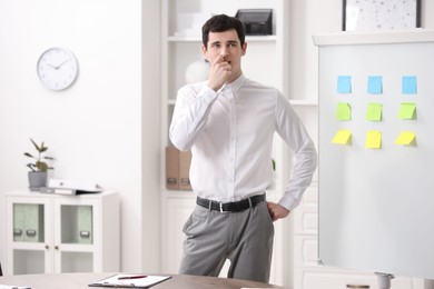 Photo of Embarrassed man near white board with sticky notes in office