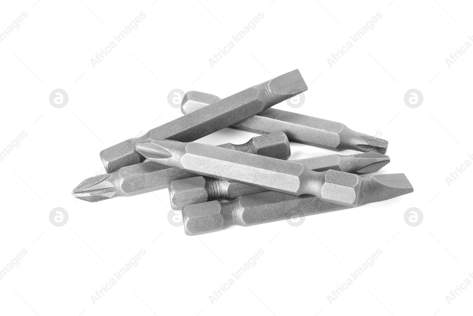 Photo of Many different bits for screwdriver isolated on white