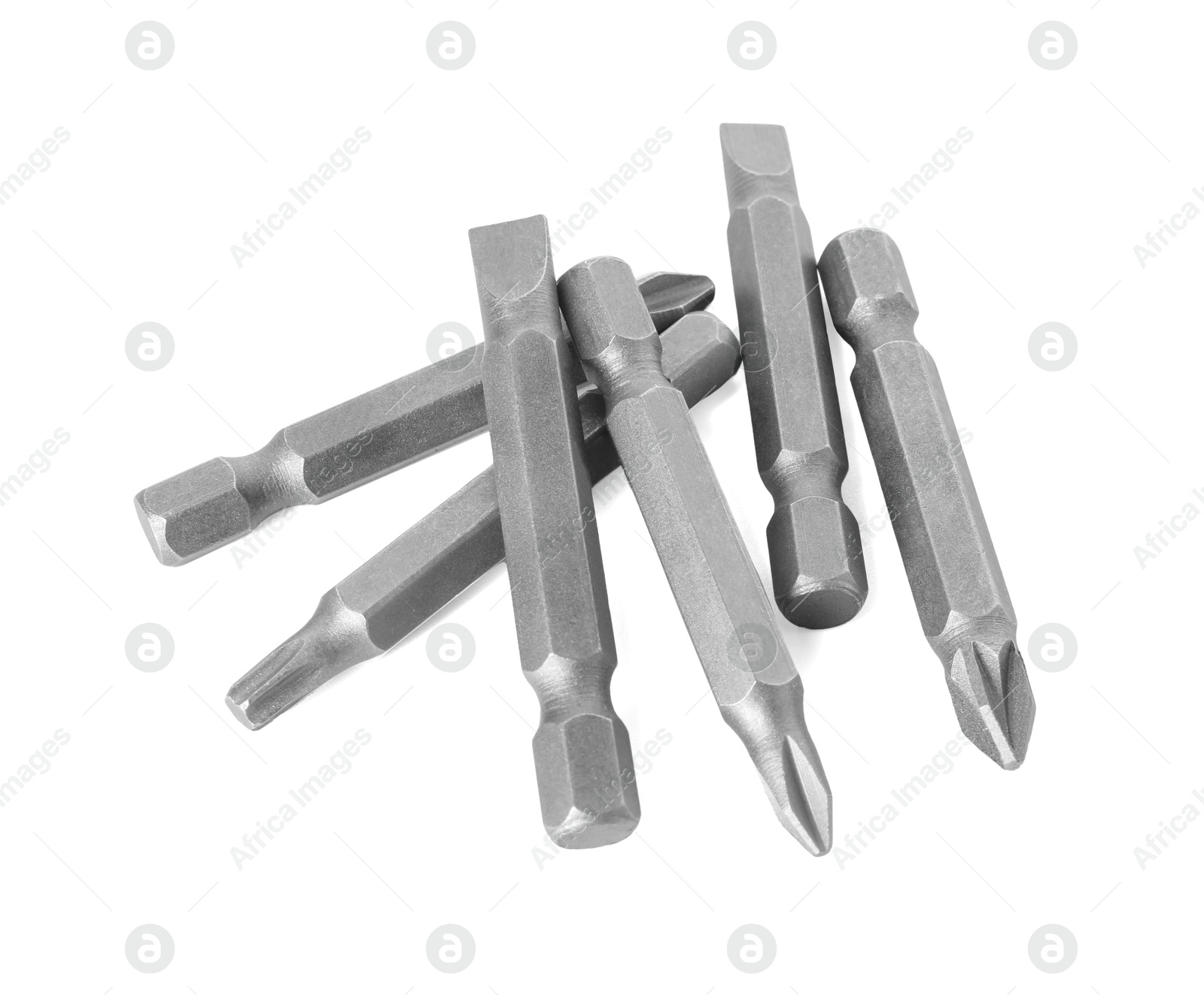 Photo of Many different bits for screwdriver isolated on white