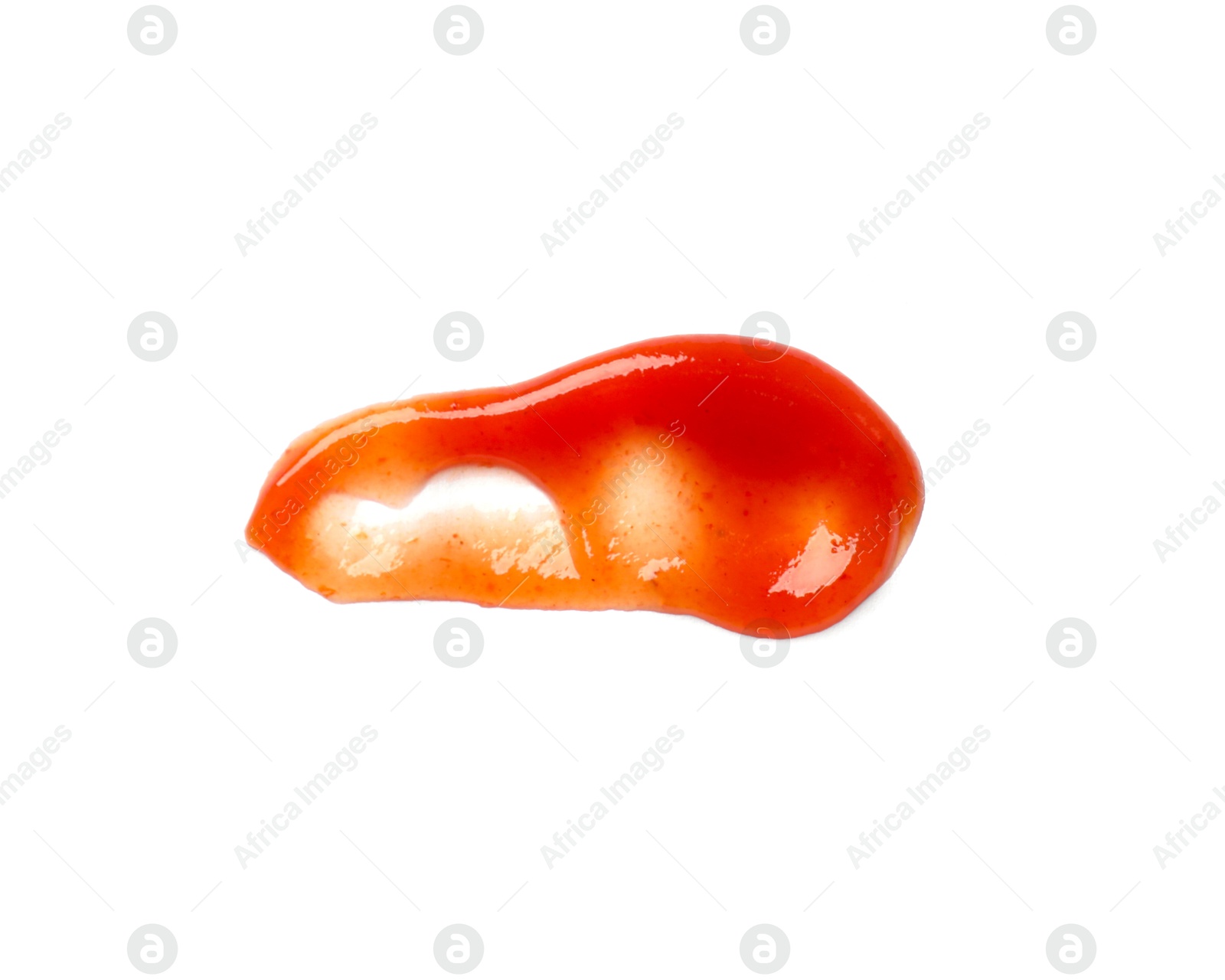 Photo of Tasty ketchup isolated on white, top view. Tomato sauce