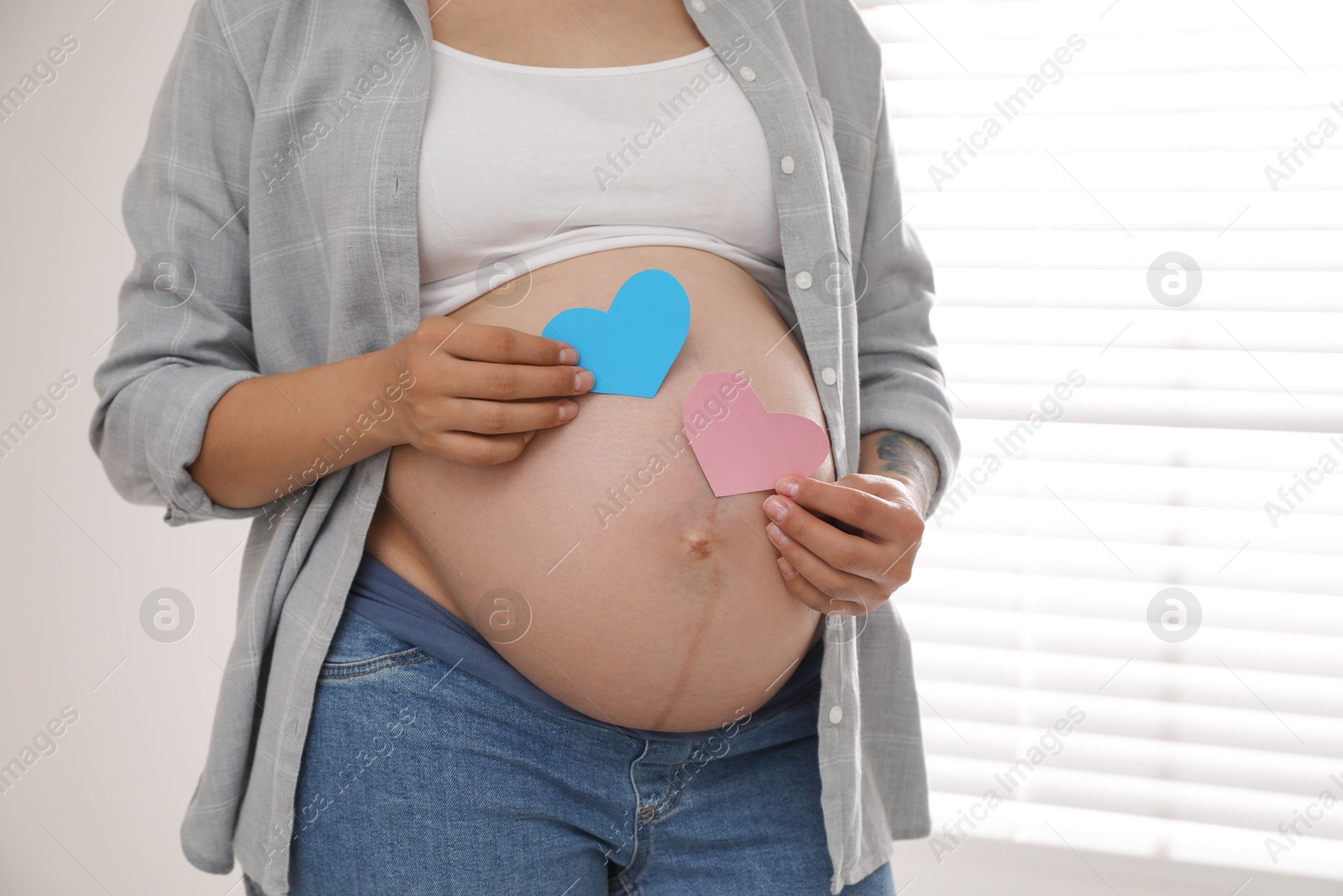 Photo of Pregnant woman with paper hearts at home, closeup. Expecting twins