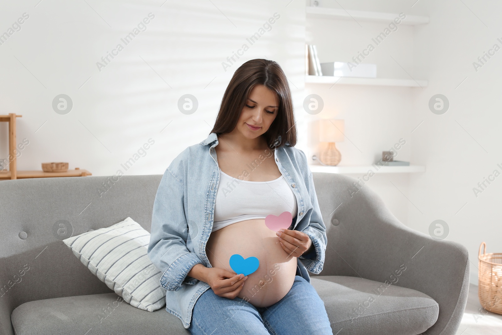 Photo of Beautiful pregnant woman with paper hearts on sofa at home. Expecting twins