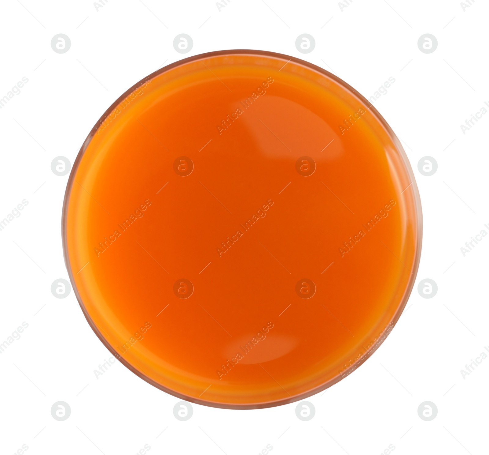 Photo of Healthy carrot juice in glass isolated on white, top view