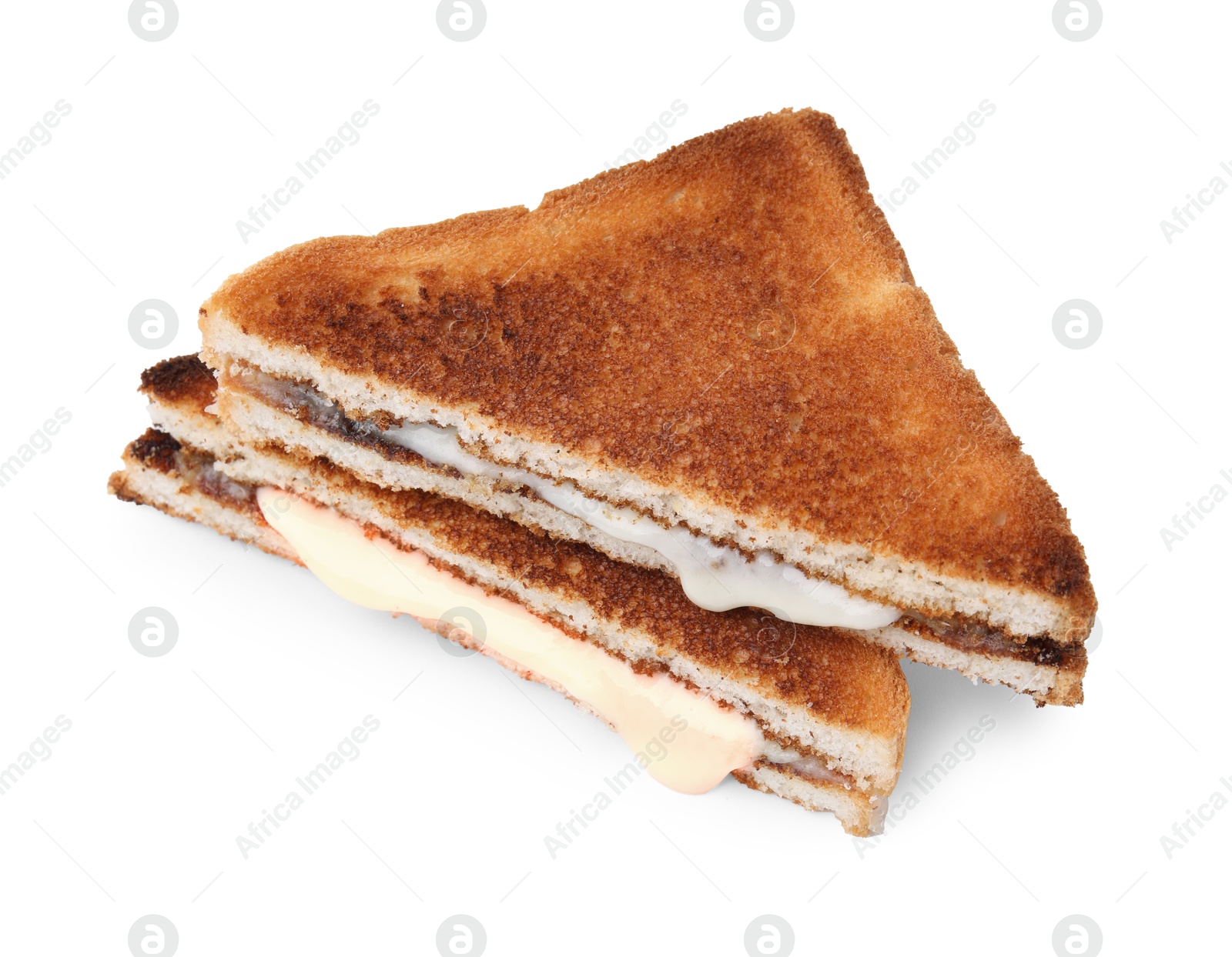 Photo of Pieces of toasted bread with melted cheese isolated on white