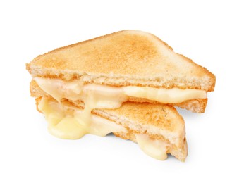 Photo of Pieces of toasted bread with melted cheese isolated on white