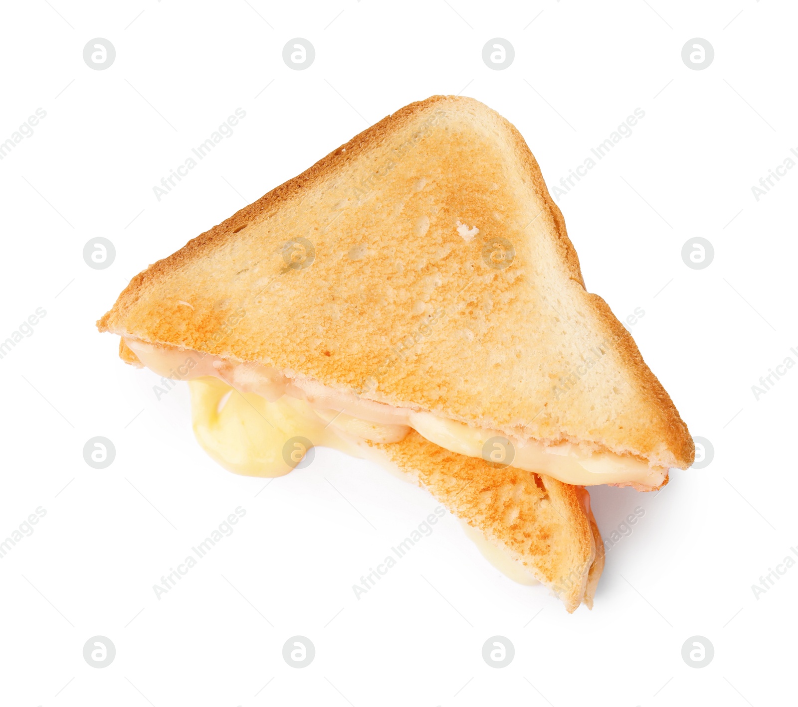 Photo of Pieces of toasted bread with melted cheese isolated on white, top view