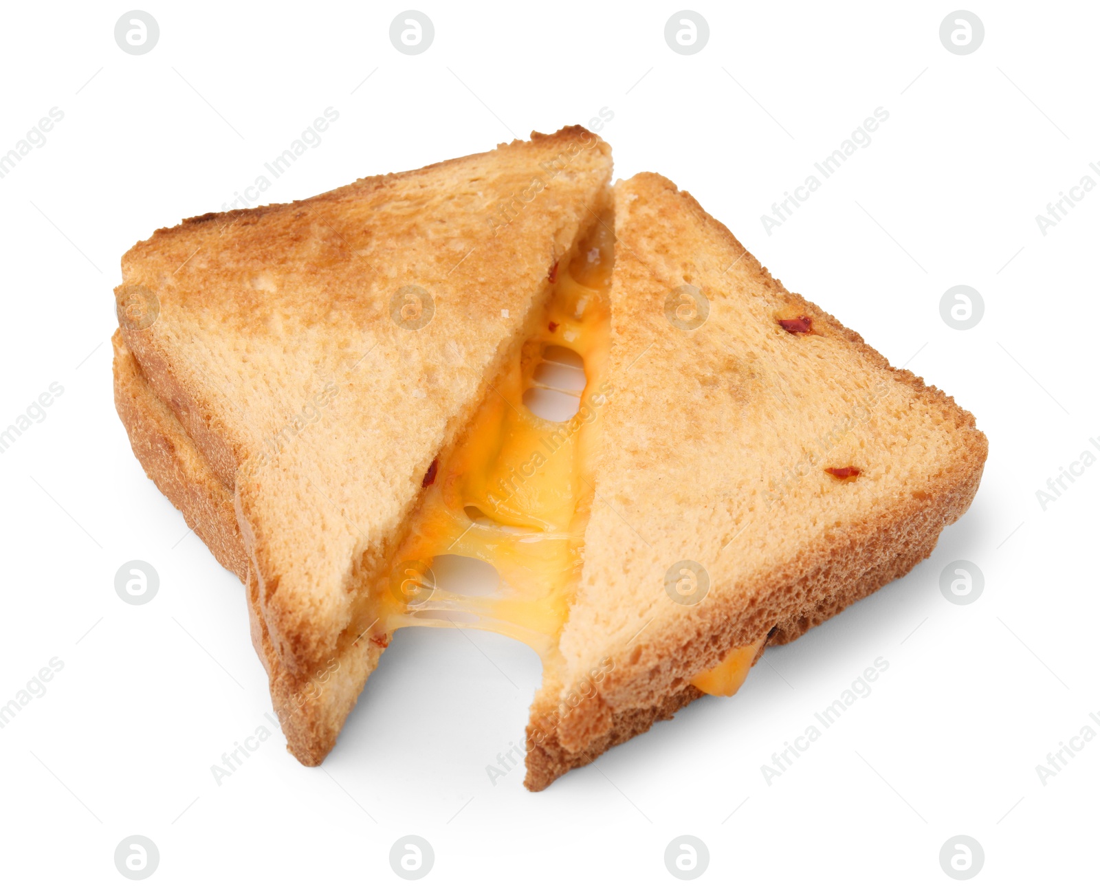 Photo of Pieces of toasted bread with melted cheese isolated on white