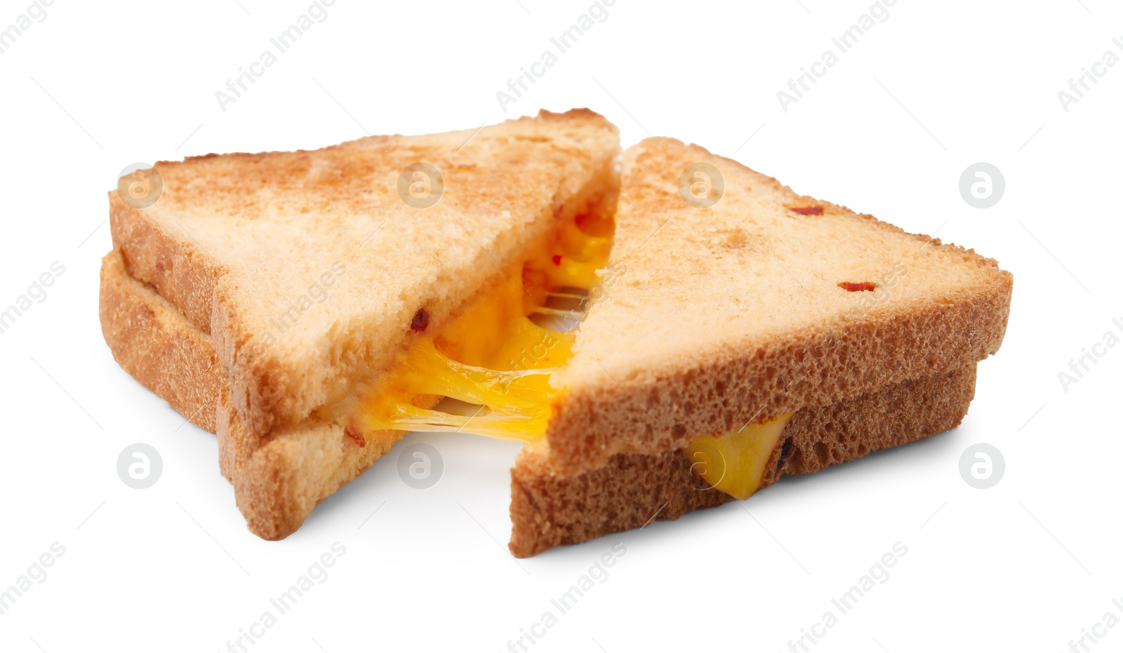 Photo of Pieces of toasted bread with melted cheese isolated on white