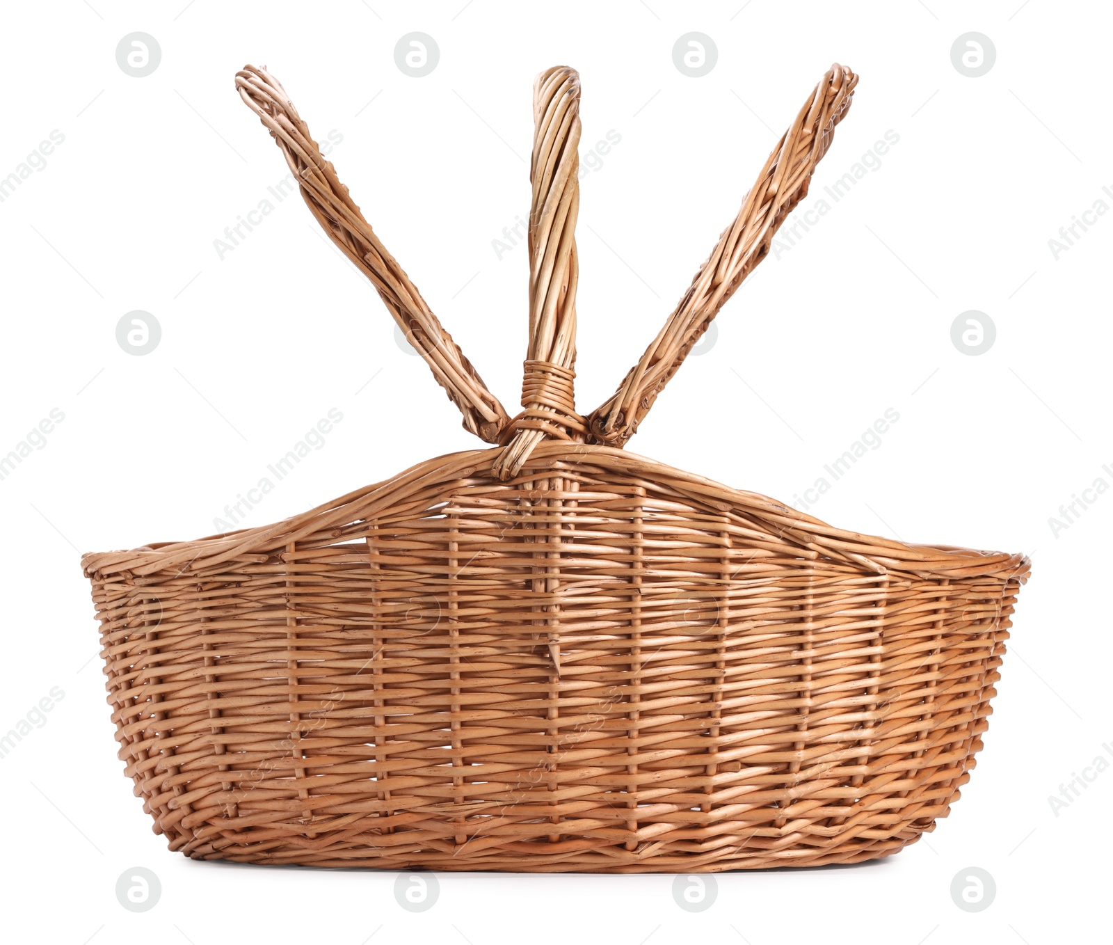 Photo of One picnic wicker basket with lids isolated on white