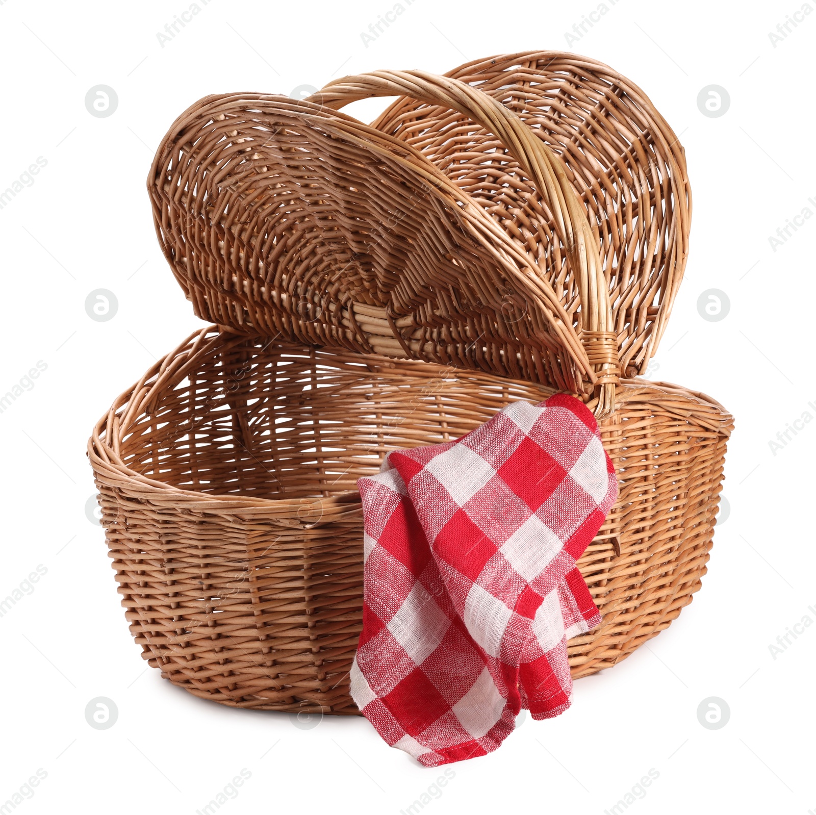 Photo of One picnic wicker basket with lids isolated on white