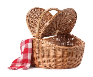 Photo of One picnic wicker basket with lids isolated on white