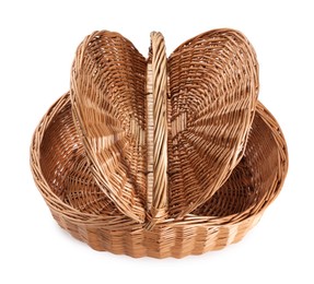 Photo of One picnic wicker basket with lids isolated on white