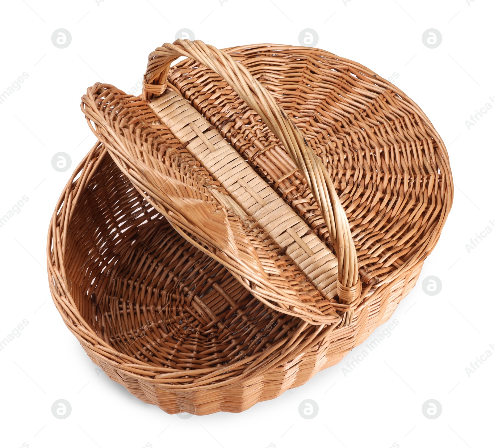 Photo of One picnic wicker basket with lids isolated on white