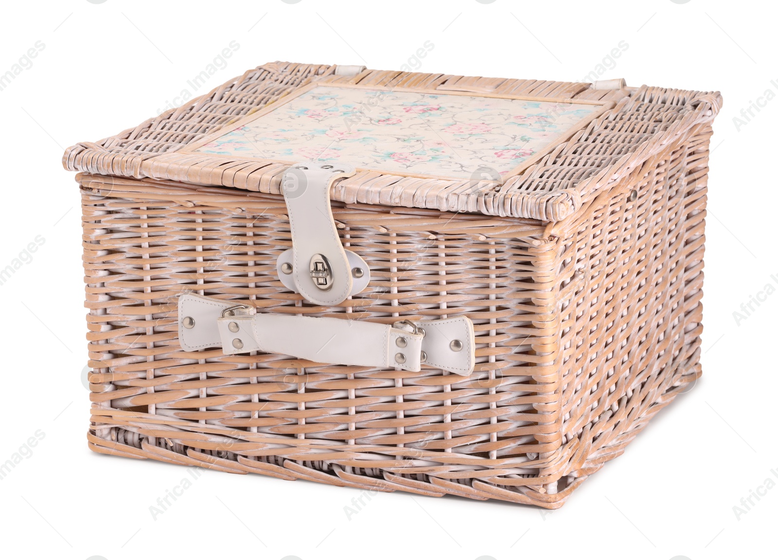 Photo of One picnic wicker basket isolated on white