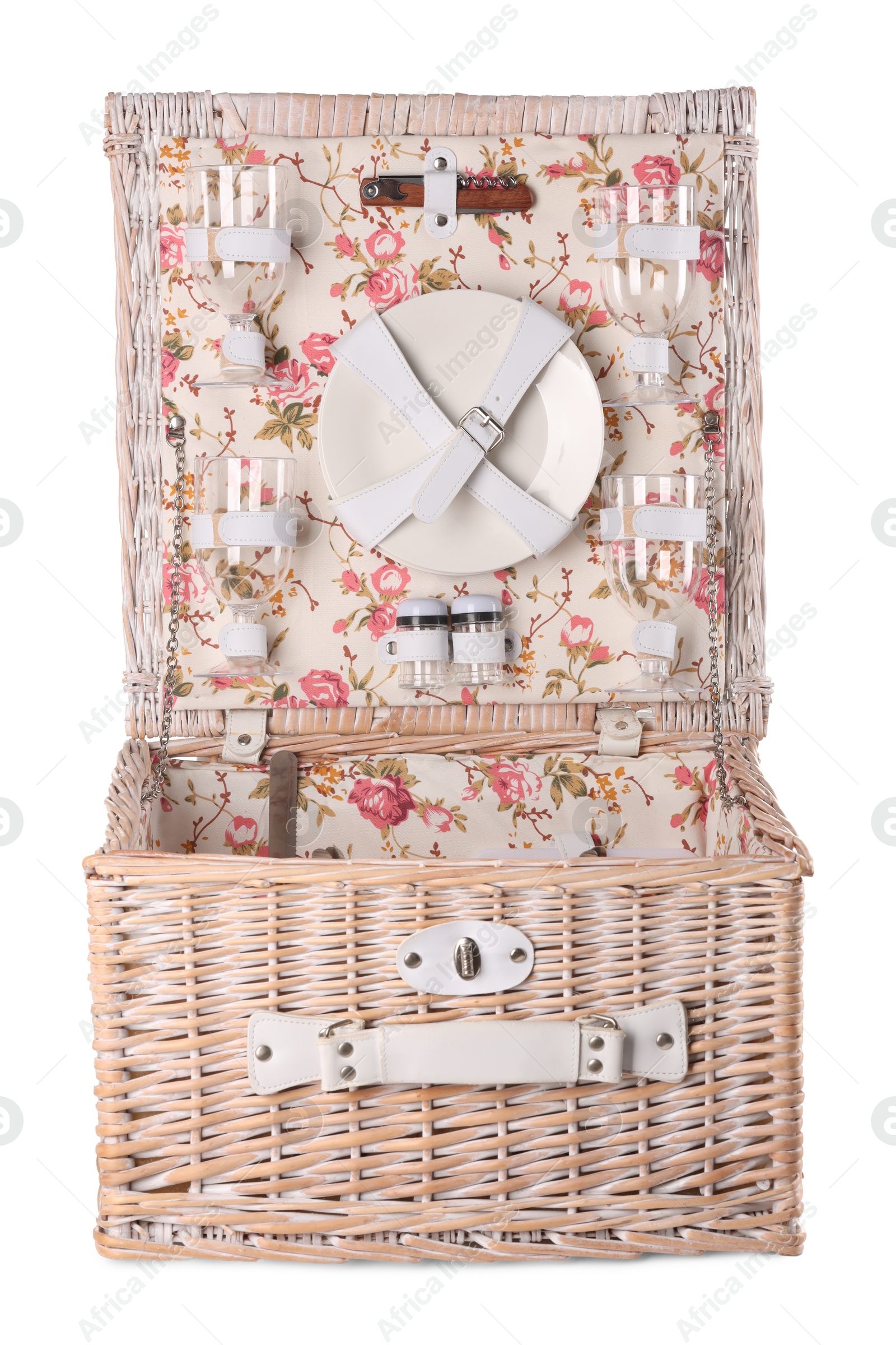 Photo of One open picnic basket with tableware isolated on white