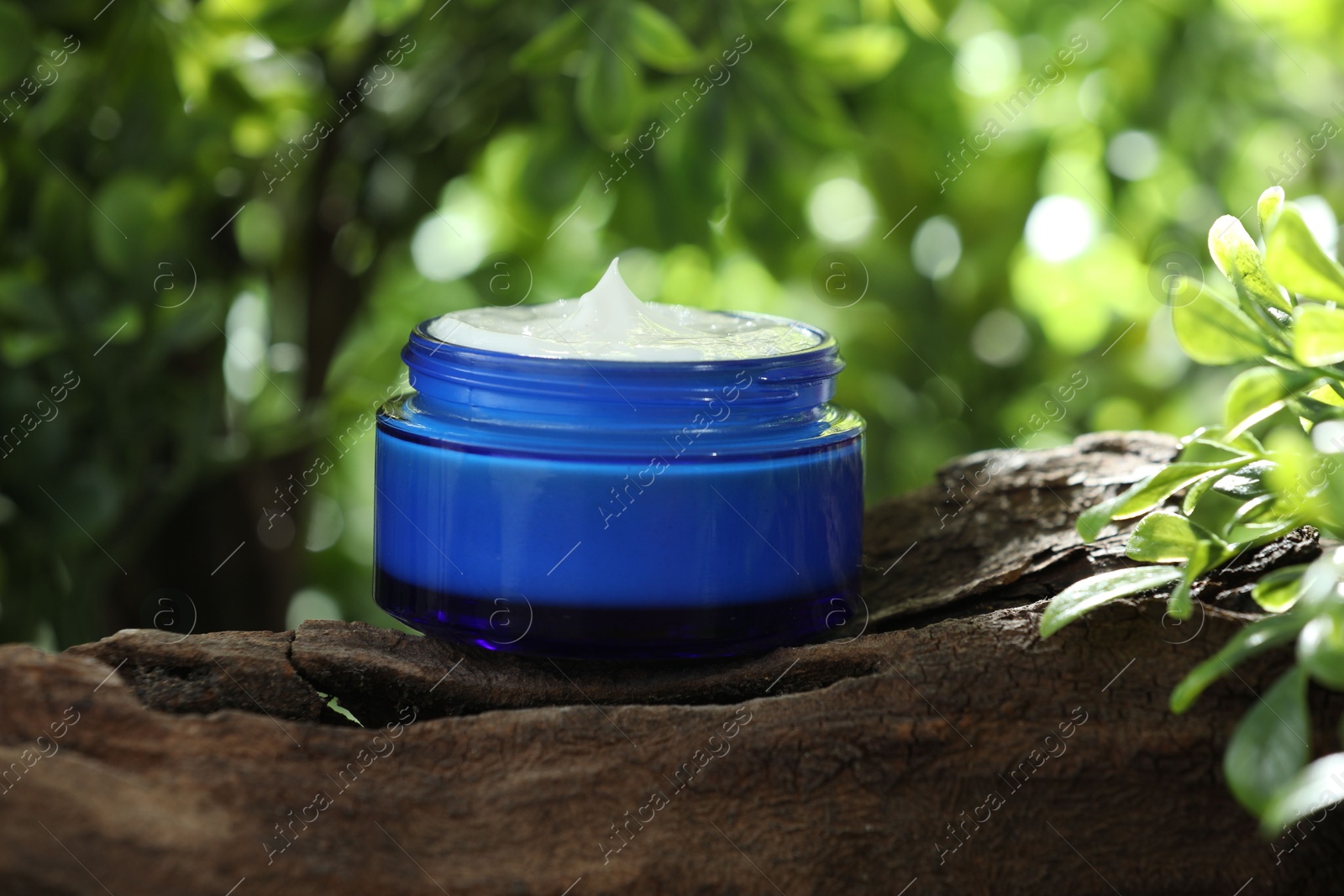 Photo of Stylish presentation of facial cream in jar outdoors, closeup