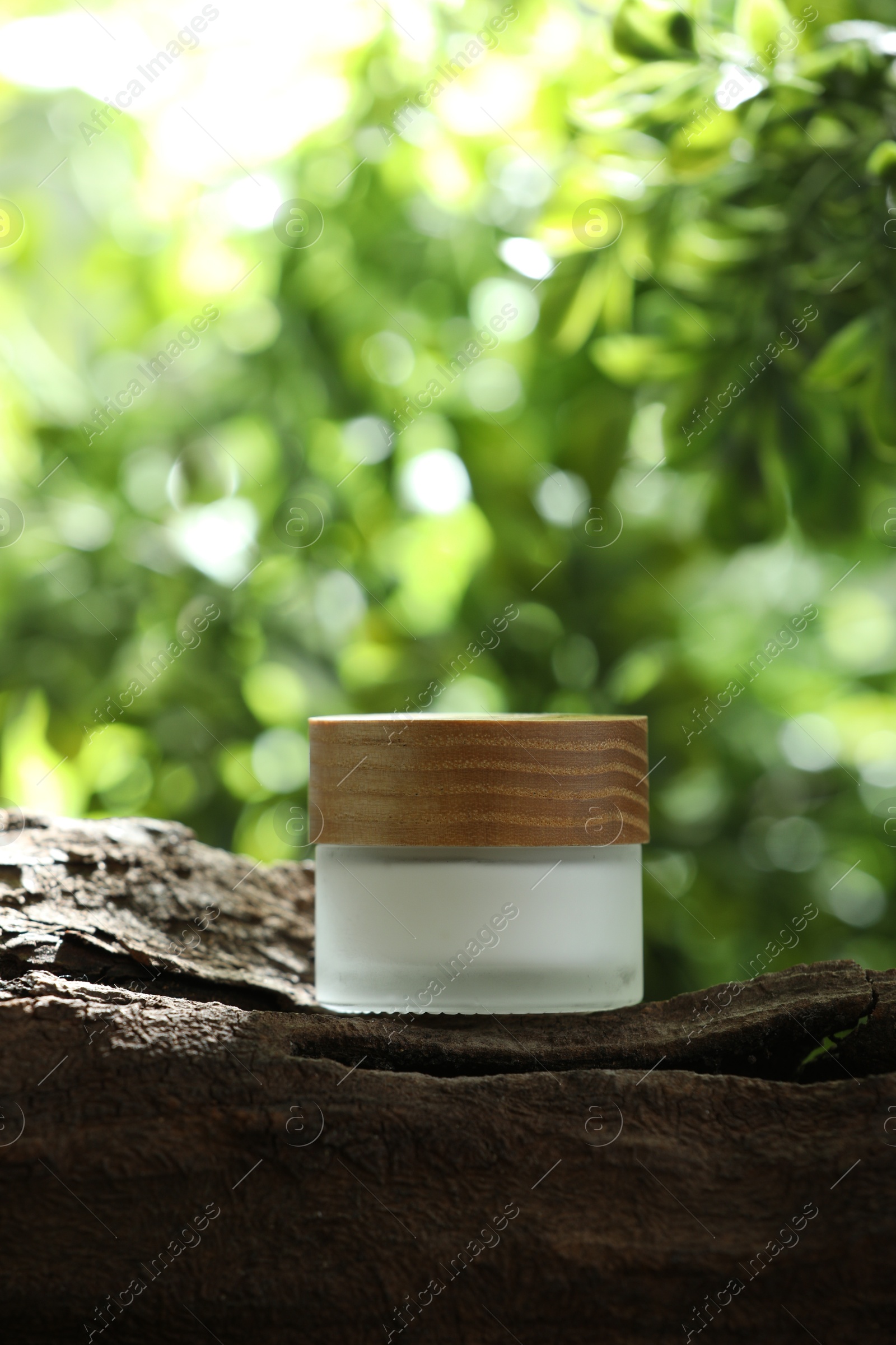 Photo of Stylish presentation of facial cream in jar outdoors