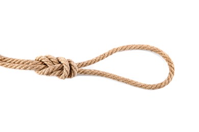 Photo of Hemp rope with loop isolated on white, top view