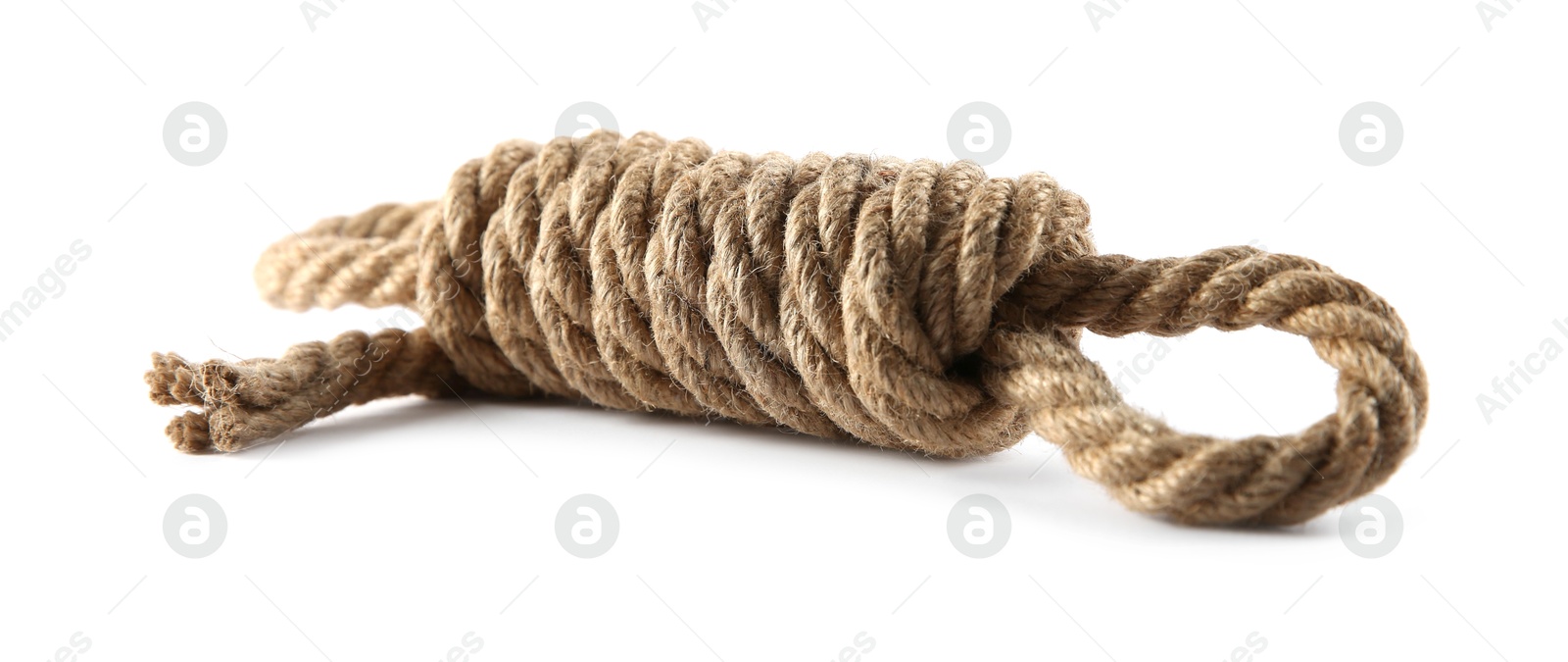 Photo of Hemp rope with loops isolated on white