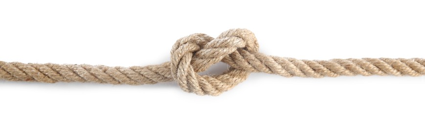 Hemp rope with knot isolated on white, top view