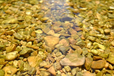 Photo of Beautiful mountain river with transparent water as background, closeup