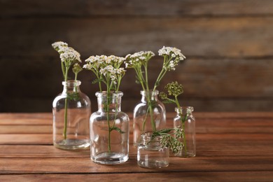 Photo of Yarrow flowers in glass bottles on wooden table