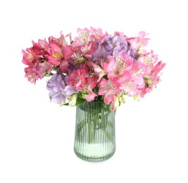 Beautiful alstroemeria flowers in vase isolated on white