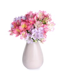 Beautiful alstroemeria flowers in vase isolated on white