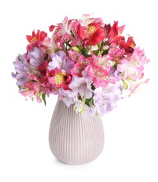 Photo of Beautiful alstroemeria flowers in vase isolated on white