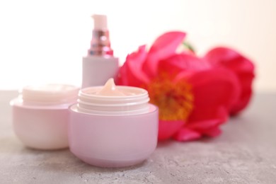 Set of different cosmetic products and peony flower on gray table against light background, closeup