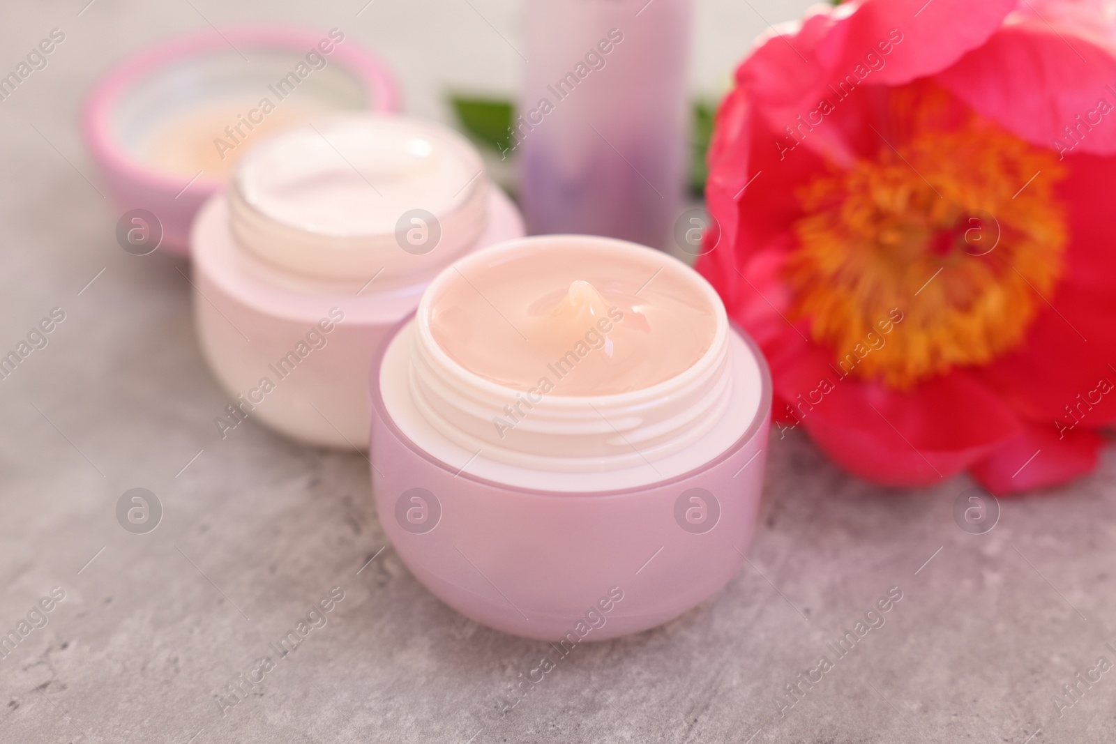 Photo of Set of different cosmetic products and peony flower on gray table, closeup